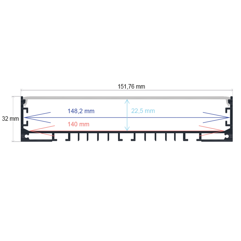 Perfil LED de superficie con opción colgante de 151,76 mm x 32 mm