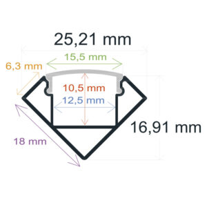 Perfil LED de esquina reforzado y con embellecedores de 25,21 mm x 16,91 mm