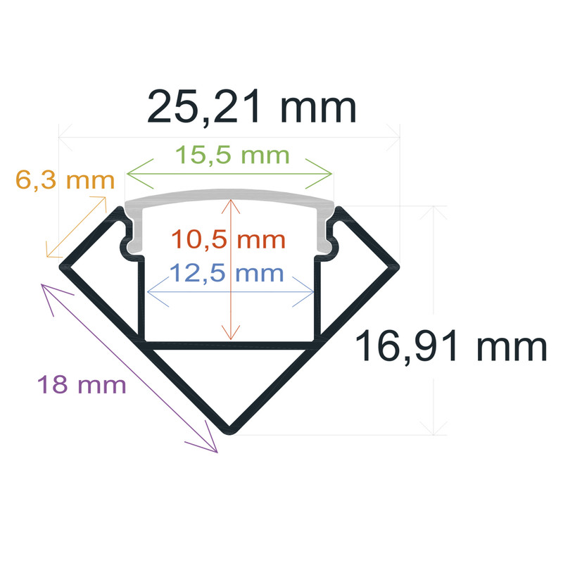 Perfil LED de esquina reforzado y con embellecedores de 25,21 mm x 16,91 mm