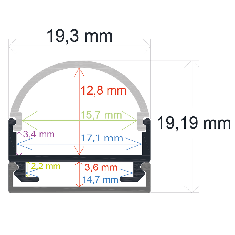 Perfil LED de superficie con opción colgante y difusor curvo de 19,3 mm x 19,19 mm