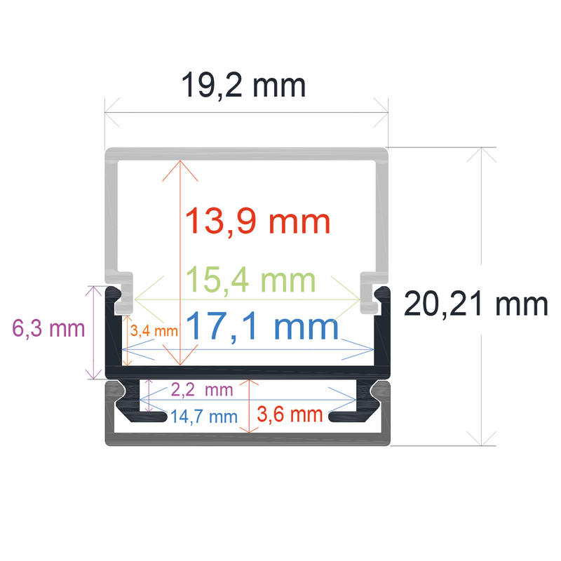 Perfil LED de superficie con opción colgante y difusor en ángulo recto de 19,2 mm x 20,21 mm