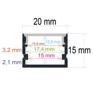Perfil LED de superficie de 20 mm x 15 mm