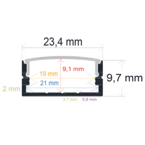 Perfil LED de superficie de 23,4 mm x 9,7 mm