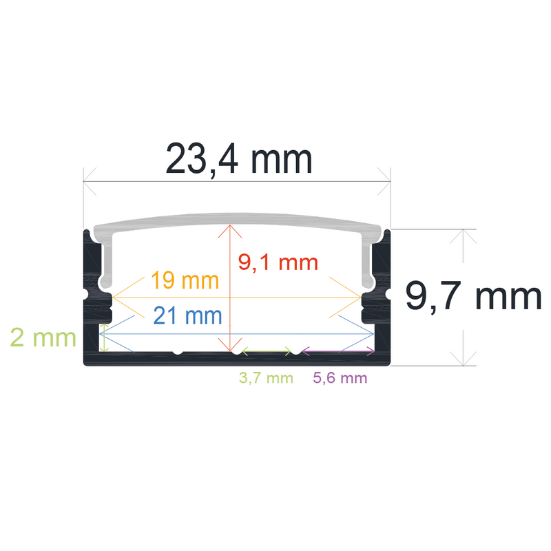 Perfil LED de superficie de 23,4 mm x 9,7 mm