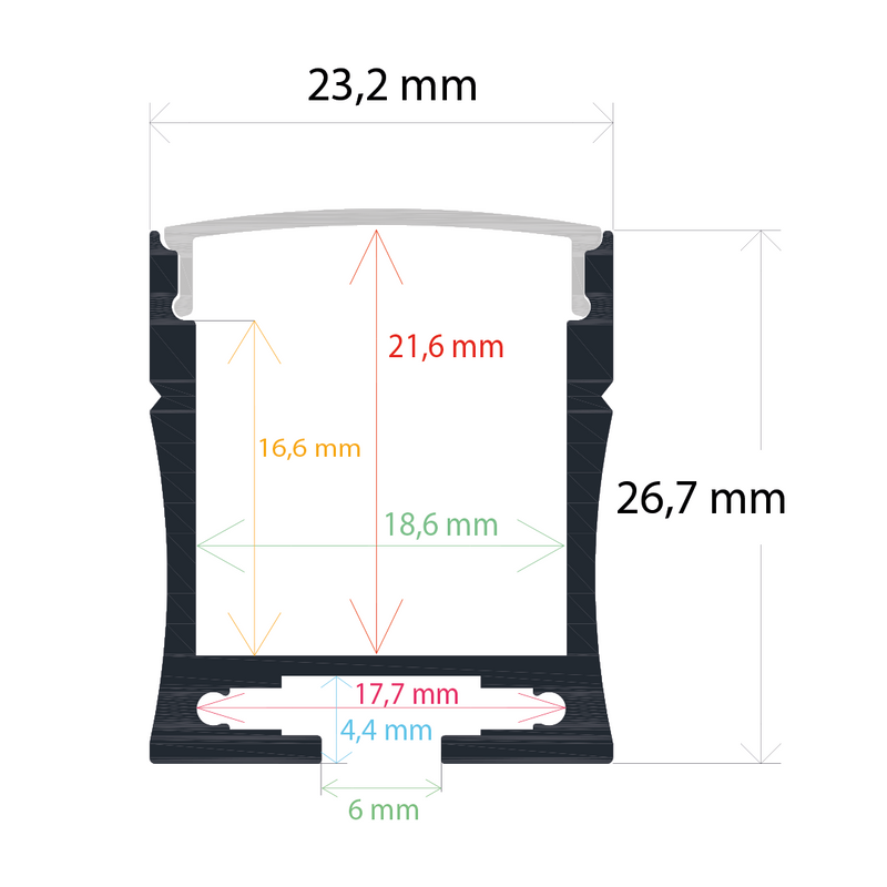 Perfil LED de superficie con opción colgante de 23,2 mm x 26,7 mm