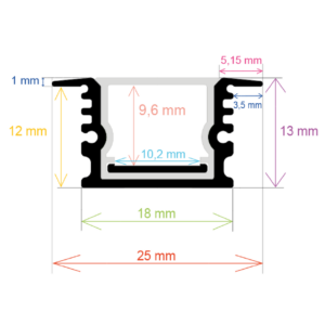 Perfil LED empotrable impermeable IP65 de 25 mm x 13 mm
