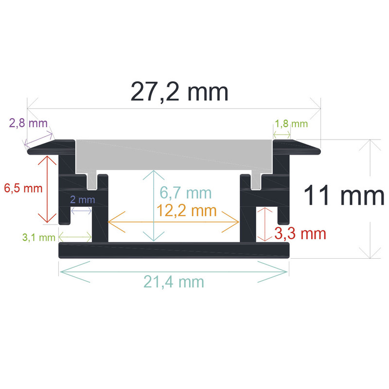 Perfil LED empotrable en el suelo de exteriores de 27,2 mm x 11 mm