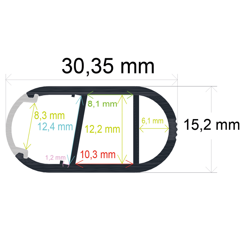 Perfil LED para el interior de armarios de 15,2 mm x 30,35 mm