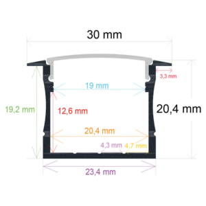 Perfil LED para empotrar de 30 mm x 20,4 mm