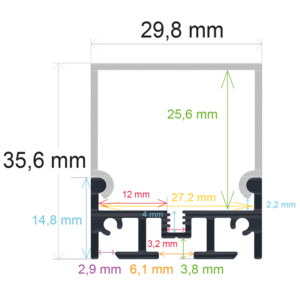 Perfil LED de superficie con opción colgante de 29,8 mm x 35,6 mm