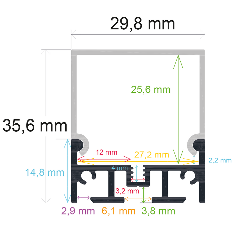 Perfil LED de superficie con opción colgante de 29,8 mm x 35,6 mm