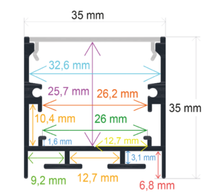 Perfil LED de superficie blanco con opción colgante de 35 mm x 35 mm