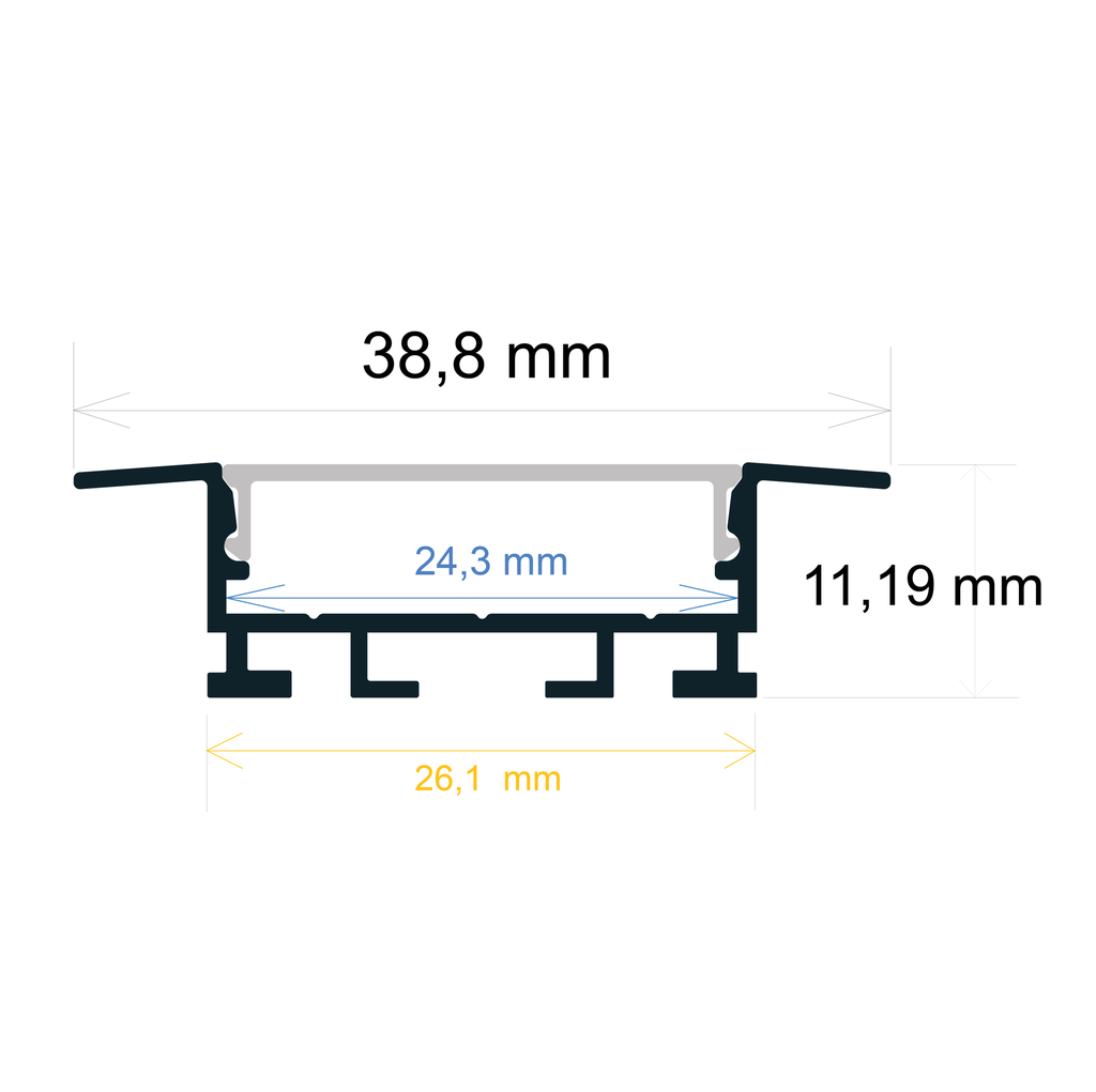 Perfil LED para empotrar de 38 mm x 11 mm