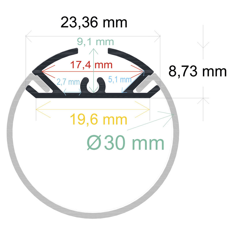 Perfil LED cilíndrico de ø 30 mm