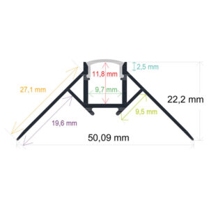 Perfil LED para empotrar en una esquina de 50,09 mm x 22,2 mm