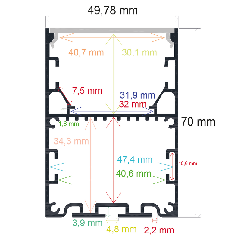 Perfil LED colgante o de superficie de 49,78 mm x 70 mm