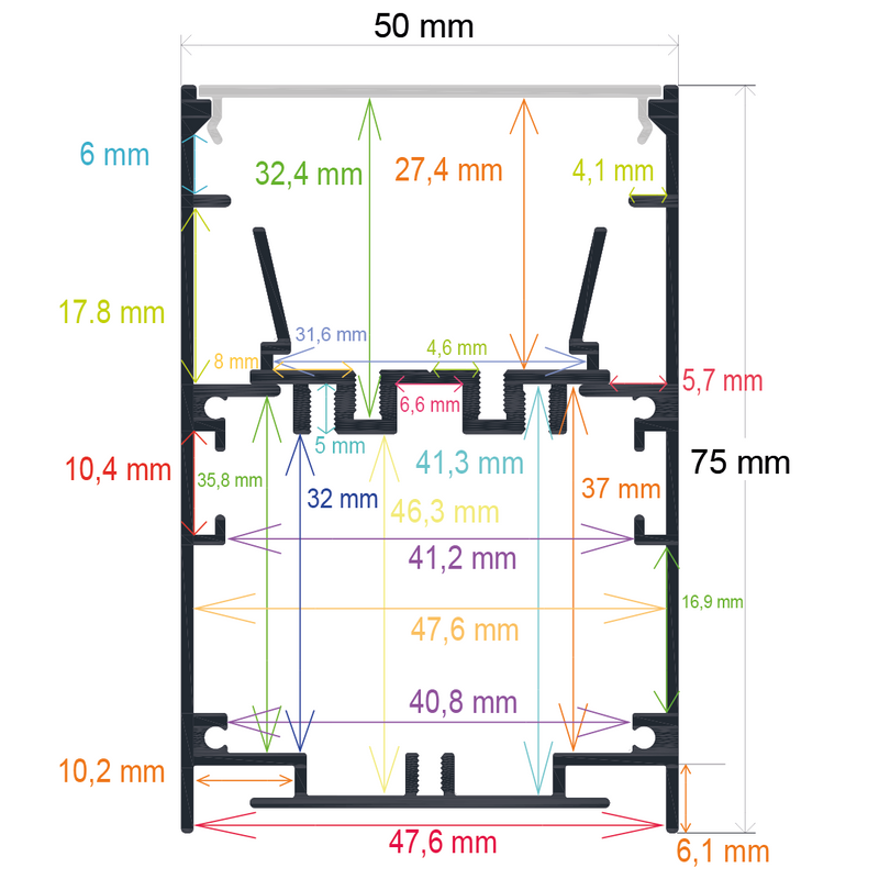 Perfil LED de superficie con opción colgante de 50 mm x 75 mm
