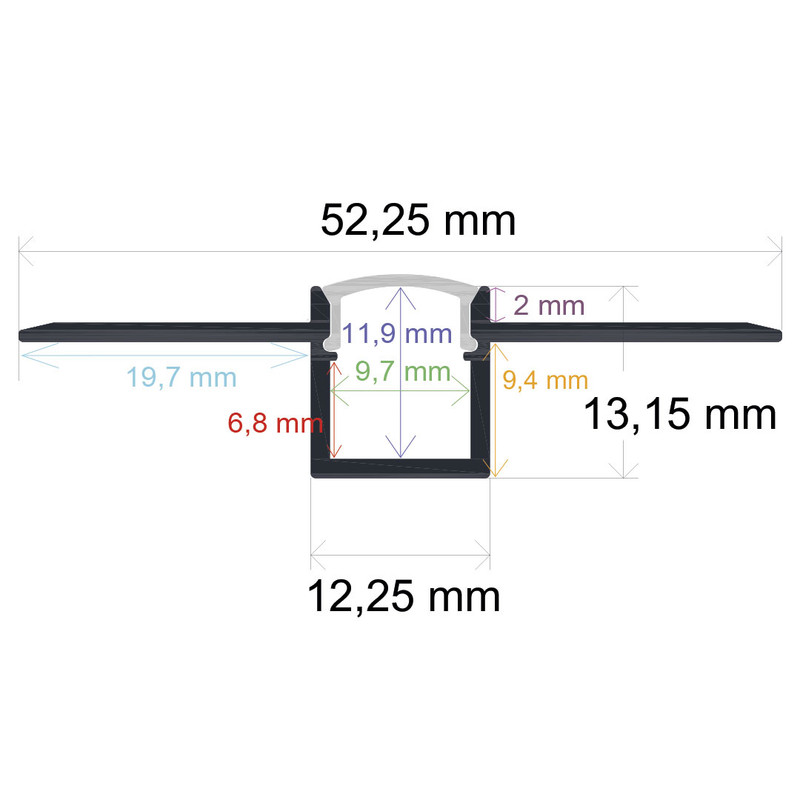 Perfil LED flexible para empotrar en una obra de 52,25 mm x 13,15 mm