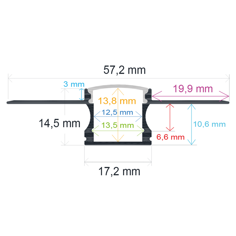 Perfil LED flexible para empotrar en una obra de 57,2 mm x 14,5 mm