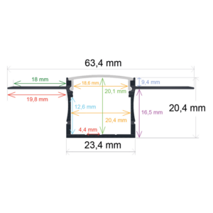 Perfil LED para empotrar en una obra de 63,4 mm x 20,4 mm