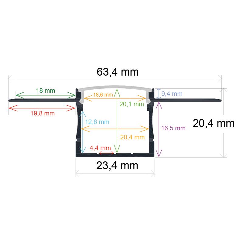 Perfil LED para empotrar en una obra de 63,4 mm x 20,4 mm