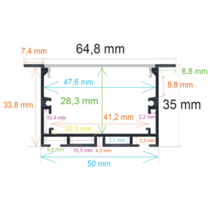 Perfil LED empotrable de 64,8 mm x 35 mm