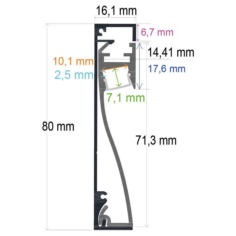 Perfil LED para rodapié o pared de 80 mm x 16,1 mm