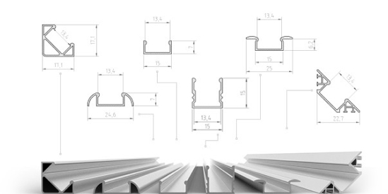 Secciones técnicas de perfiles LED de aluminio TECH Light disponibles en Jumaví Iluminación