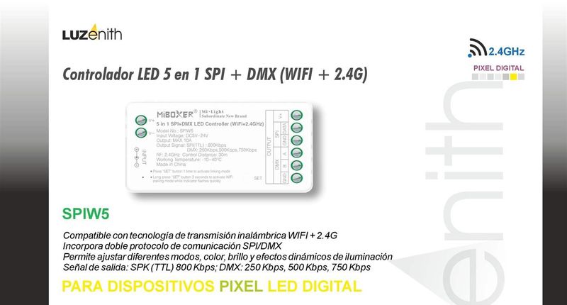 CT/RF-MBSPIW5 · Controlador píxel SPI 5 en 1 Wi-Fi y DMX