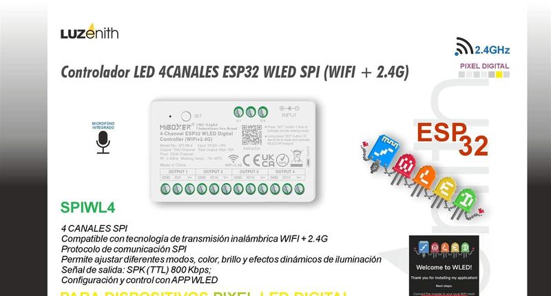 CT/RF-MBSPIWL4 · Controlador píxel SPI 5 en 1 con ESP32