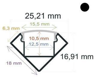 PF/i18182 · Perfil LED NEGRO de esquina reforzado y con embellecedores de 25,21 mm x 16,91 mm