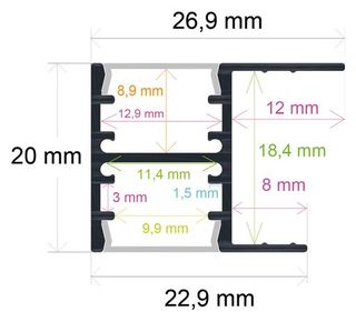 PF/i2620 · Perfil LED para muebles con iluminación bidireccio | Perfil LED de armario 26,9 x 20 mm