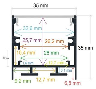 PF/i35352 · Perfil LED NEGRO de superficie con opción colgante 35 mm x 35 mm