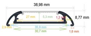 PF/i3909 · Perfil LED de superficie de 38,98 mm x 8,77 mm