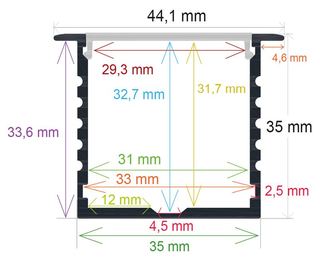 PF/i4435 · Perfil LED empotrable en techos o paredes de 44,1 X 35mm