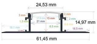 PF/i6214 · Perfil LED para empotrar en una obra de 61,45 mm x 14,97mm