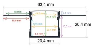 PF/i6320 · Perfil LED para empotrar en una obra de 63,4 mm x 20,4 mm