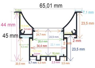 PF/i6545 · Perfil LED cóncavo para empotrar en techos o paredes de 65,01 mm x 45 mm