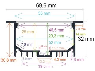 PF/i7032 · Perfil LED empotrable en techos o paredes de 69,6 mm x 32mm