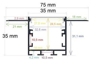 PF/i7435 · Perfil LED para empotrar en una obra con opción colgante de 75 mm x 35mm