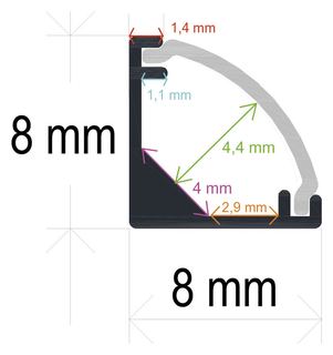 PF/i881 · Perfil LED extrafino de esquina con el difusor curvo de 8 mm x 8 mm
