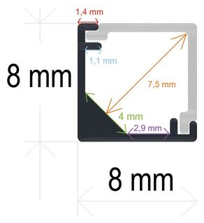 PF/i882 · Perfil LED extrafino de esquina con el difusor en ángulo recto de 8 mm x 8 mm
